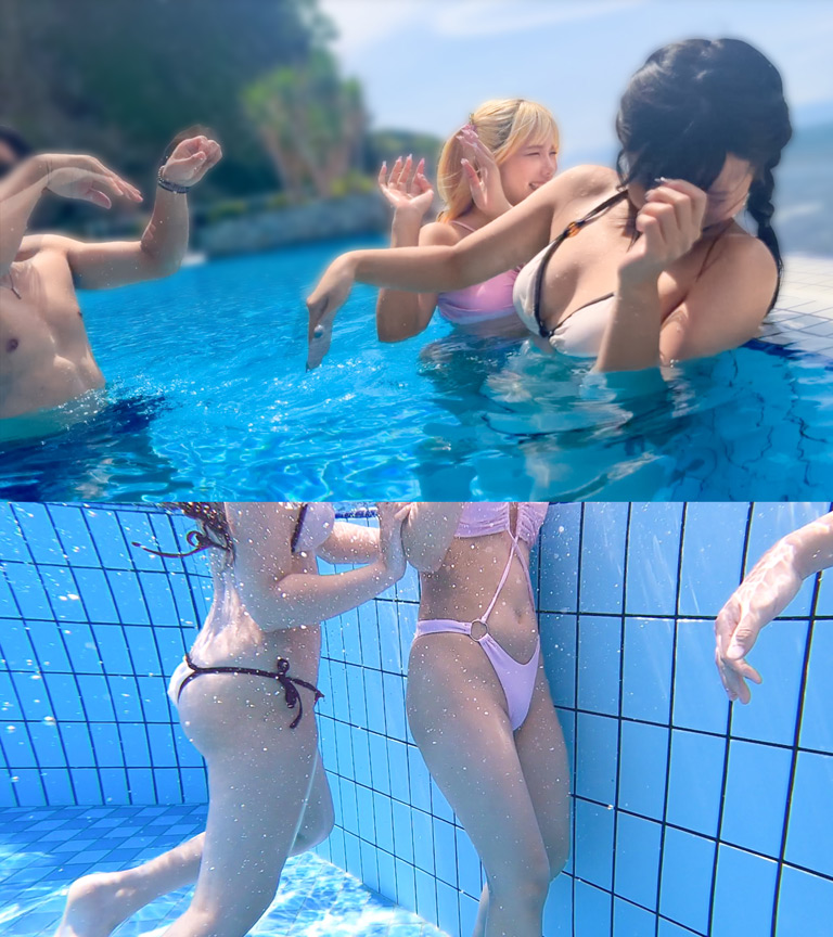 「【谷村凪咲・橘いおり】素人ギャル2人と夏のプール旅行で3P乱交パーティー【水着ナンパ】」のサムネイル